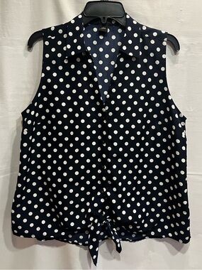 Ann Taylor Navy and White Polka Dot Sleeveless Tie-Front Blouse